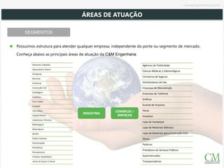 SEGMENTOS
Possuimos estrutura para atender qualquer empresa, independente do porte ou segmento de mercado.
Conheça abaixo as principais áreas de atuação da C&M Engenharia:
ÁREAS DE ATUAÇÃO
INDÚSTRIA
COMÉRCIO /
SERVIÇOS
Alimentos e Bebidas
Aquecedores Solares
Autopeças
Borracha
Cerâmicas
Construção Civil
Embalagens
Estaleiros
Fios e Cabos
Fundição
Informática
Injeção Plástica
Isolamentos Térmicos
Metalúrgicas
Mineradoras
Movéis
Papel e Celulose
Pavimentação
Petrolíferas
Petroquímicas
Produtos Hospitalares
Usinas de Açúcar e Álcool
Agências de Publicidade
Clínicas Médicas e Odontológicas
Corretoras de Seguros
Distribuidoras de Gás
Empresas de Manutenção
Empresas de Telefonia
Gráficas
Guarda de Arquivos
Haras
Hospitais
Lojas de Autopeças
Lojas de Materiais Elétricos
Lojas de Materiais para Construção Civil
Óticas
Padarias
Pretadores de Serviços Públicos
Supermercados
Transportadoras
cmsegengenharia.com.br
 