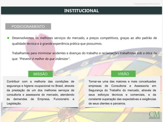 Contribuir com a melhoria das condições de
segurança e higiene ocupacional no Brasil, através
da prestação de um dos melhores serviços de
consultoria e assessoria do mercado, atendendo
às demandas de Empresa, Funcionário e
Legislação.
Tornar-se uma das maiores e mais conceituadas
empresas de Consultoria e Assessoria em
Segurança do Trabalho do mercado, através de
seus esforços técnicos e comerciais, e da
constante superação das expectativas e exigências
de seus clientes e parceiros.
VISÃOMISSÃO
Desenvolvemos os melhores serviços do mercado, a preços competitivos, graças ao alto padrão de
qualidade técnica e à grande experiência prática que possuimos.
Trabalhamos para minimizar acidentes e doenças do trabalho e reclamações trabalhistas sob a ótica de
que: “Prevenir é melhor do que indenizar”.
INSTITUCIONAL
POSICIONAMENTO
cmsegengenharia.com.br
 