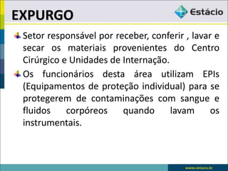 Setor responsável por receber, conferir , lavar e
secar os materiais provenientes do Centro
Cirúrgico e Unidades de Internação.
Os funcionários desta área utilizam EPIs
(Equipamentos de proteção individual) para se
protegerem de contaminações com sangue e
fluidos corpóreos quando lavam os
instrumentais.
EXPURGO
 