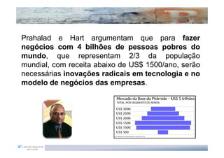 Oportunidade de Negócio na Base da Pirâmide
Prahalad e Hart argumentam que para fazer
negócios com 4 bilhões de pessoas pobres do
mundo, que representam 2/3 da população
mundial, com receita abaixo de US$ 1500/ano, serão
necessárias inovações radicais em tecnologia e no
modelo de negócios das empresas.
 