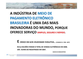 A INDÚSTRIA DE MEIO DE
PAGAMENTO ELETRÔNICO
BRASILEIRA É UMA DAS MAIS
INOVADORAS DO MUNDO, PORQUE
OFERECE SERVIÇO SIMPLES, SEGURO E RÁPIDO.

     E CRESCE EM ALTA VELOCIDADE EVOLUTIVA...      (CHARLES H. FINE –MIT)


     R$ 8,2 BILHÕES FORAM O TOTAL DE VENDAS ELETRÔNICAS EM 2008.
     30% ACIMA DO REGISTRADO EM 2007.
                                              DADOS DA WEBSHOPPERS
 