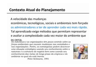 Contexto Atual do Planejamento

A velocidade das mudanças
econômicas, tecnológicas, sociais e ambientais tem forçado
os administradores a ter de aprender cada vez mais rápido.
Tal aprendizado exige métodos que permitam representar
e avaliar a complexidade cada vez maior do ambiente que
os cerca.
 Os indivíduos e as organizações têm pouco controle sobre as
 forças ambientais que causam mudanças nas sociedades e
 nas organizações. Porém, os estrategistas podem descrever
 uma situação estratégica usando seu conhecimento sobre a
 natureza e a estrutura do negócio bem como usando seu
 conhecimento das metas de longo prazo da empresa e do
 ambiente no qual ela está imersa.
                  Peter Schwartz, 1991
 
