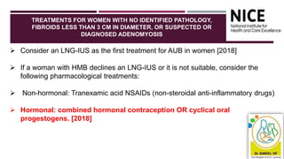 TREATMENTS FOR WOMEN WITH NO IDENTIFIED PATHOLOGY,
FIBROIDS LESS THAN 3 CM IN DIAMETER, OR SUSPECTED OR
DIAGNOSED ADENOMYOSIS
41
 Consider an LNG-IUS as the first treatment for AUB in women [2018]
 If a woman with HMB declines an LNG-IUS or it is not suitable, consider the
following pharmacological treatments:
 Non-hormonal: Tranexamic acid NSAIDs (non-steroidal anti-inflammatory drugs)
 Hormonal: combined hormonal contraception OR cyclical oral
progestogens. [2018]
 