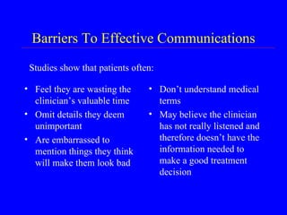 Barriers To Effective Communications Feel they are wasting the clinician’s valuable time Omit details they deem unimportant Are embarrassed to mention things they think will make them look bad Don’t understand medical terms May believe the clinician has not really listened and therefore doesn’t have the information needed to make a good treatment decision Studies show that patients often: 