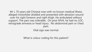 Mr L 70 years old Chinese man with no known medical illness
alleged motorbike skidded and presented with abrasion wound
over his right forearm and right thigh. He ambulated without
support. The pain was tolerable. On post-MVA, he had no LOC,
retrograde amnesia or head injury. No abdominal pain or chest
pain.
Vital sign was normal.
What is colour coding for this patient?
 