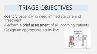 TRIAGE OBJECTIVES
•Identify patient who need immediate care and
treatment
•Perform a brief assessment of all incoming patients
•Assign an appropriate acuity level
 