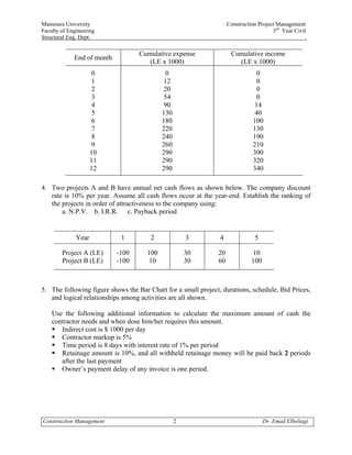 Mansoura University                                                 Construction Project Management
Faculty of Engineering                                                                 3rd Year Civil
Structural Eng. Dept.                                                                                .

                                   Cumulative expense                Cumulative income
             End of month
                                      (LE x 1000)                      (LE x 1000)
                      0                       0                                  0
                      1                      12                                  0
                      2                      20                                  0
                      3                      54                                  0
                      4                      90                                 14
                      5                     130                                 40
                      6                     180                                100
                      7                     220                                130
                      8                     240                                190
                      9                     260                                210
                     10                     290                                300
                     11                     290                                320
                     12                     290                                340

4. Two projects A and B have annual net cash flows as shown below. The company discount
   rate is 10% per year. Assume all cash flows occur at the year-end. Establish the ranking of
   the projects in order of attractiveness to the company using:
       a. N.P.V. b. I.R.R. c. Payback period


              Year           1         2              3         4              5

        Project A (LE)      -100      100             30       20              10
        Project B (LE)      -100       10             30       60             100



5. The following figure shows the Bar Chart for a small project, durations, schedule, Bid Prices,
   and logical relationships among activities are all shown.

    Use the following additional information to calculate the maximum amount of cash the
    contractor needs and when dose him/her requires this amount.
       Indirect cost is $ 1000 per day
       Contractor markup is 5%
       Time period is 8 days with interest rate of 1% per period
       Retainage amount is 10%, and all withheld retainage money will be paid back 2 periods
       after the last payment
       Owner’s payment delay of any invoice is one period.




Construction Management                           2                                 Dr. Emad Elbeltagi
 