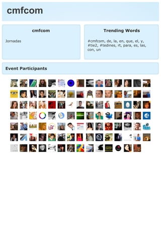 cmfcom
cmfcom
Jornadas
Trending Words
#cmfcom, de, la, en, que, el, y,
#tie2, #tedines, rt, para, es, las,
con, un
Event Participants
 