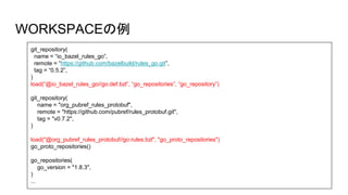 WORKSPACEの例
git_repository(
name = “io_bazel_rules_go”,
remote = “https://github.com/bazelbuild/rules_go.git”,
tag = “0.5.2”,
)
load(“@io_bazel_rules_go//go:def.bzl”, “go_repositories”, “go_repository”)
git_repository(
name = "org_pubref_rules_protobuf",
remote = "https://github.com/pubref/rules_protobuf.git",
tag = "v0.7.2",
)
load("@org_pubref_rules_protobuf//go:rules.bzl", "go_proto_repositories")
go_proto_repositories()
go_repositories(
go_version = "1.8.3",
)
...
 