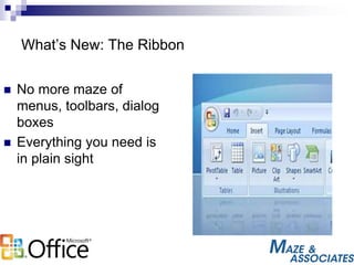 What’s New: The Ribbon
 No more maze of
menus, toolbars, dialog
boxes
 Everything you need is
in plain sight
 