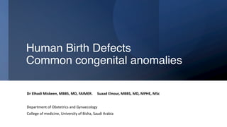 Human Birth Defects
Common congenital anomalies
Dr Elhadi Miskeen, MBBS, MD, FAIMER. Suaad Elnour, MBBS, MD, MPHE, MSc
Department of Obstetrics and Gynaecology
College of medicine, University of Bisha, Saudi Arabia
 