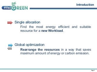 Single allocation 
Introduction 
Find the most energy efficient and suitable 
resource for a new Workload. 
Global optimiz...