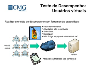 Teste de Desempenho:
Usuários virtuais
Realizar um teste de desempenho com ferramentas específicas
 Fácil de coordenar
 Atividades são repetítiveis
 Error-Free
 Escalável
 Não Exige espaçao e infra-estrutura*
 Relatórios/Métricas são confiáveis
Virtual
Users
 