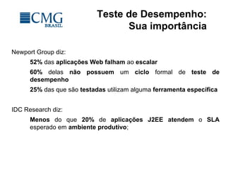 Teste de Desempenho:
Sua importância
Newport Group diz:
52% das aplicações Web falham ao escalar
60% delas não possuem um ciclo formal de teste de
desempenho
25% das que são testadas utilizam alguma ferramenta específica
IDC Research diz:
Menos do que 20% de aplicações J2EE atendem o SLA
esperado em ambiente produtivo;
 