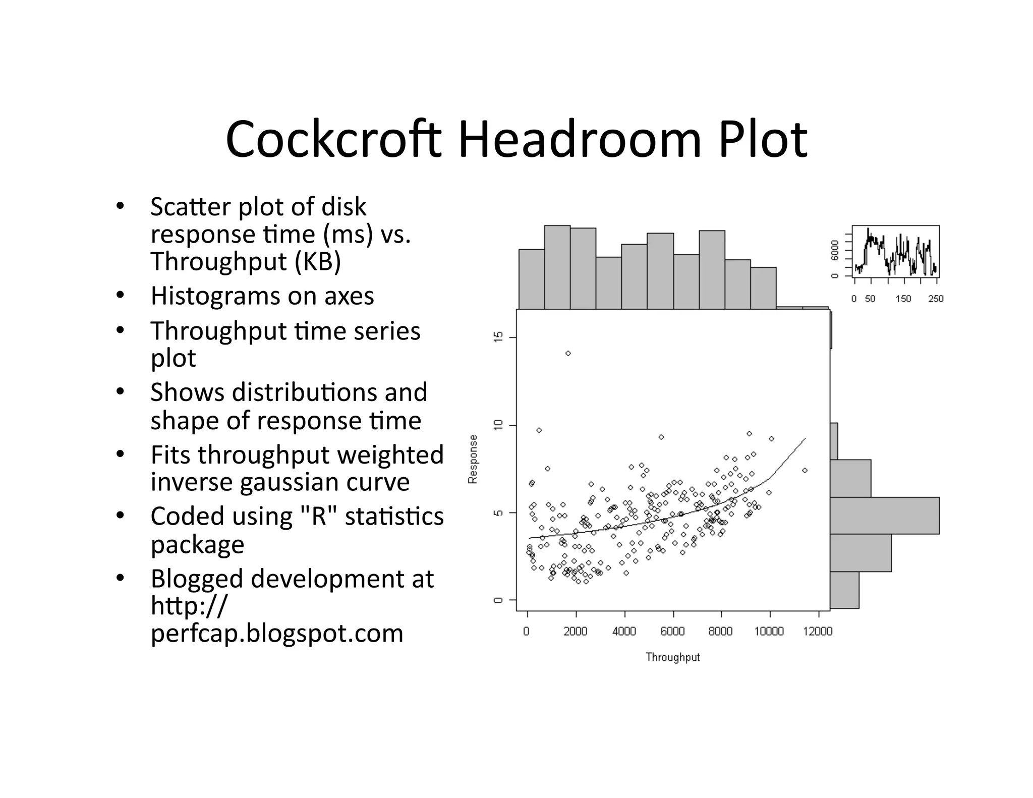Cockcro?	
  Headroom	
  Plot	
  
•  Scaaer	
  plot	
  of	
  disk	
  
   response	
  "me	
  (ms)	
  vs.	
  
   Throughput	
  (KB)	
  
•  Histograms	
  on	
  axes	
  
•  Throughput	
  "me	
  series	
  
   plot	
  
•  Shows	
  distribu"ons	
  and	
  
   shape	
  of	
  response	
  "me	
  
•  Fits	
  throughput	
  weighted	
  
   inverse	
  gaussian	
  curve	
  
•  Coded	
  using	
  "R"	
  sta"s"cs	
  
   package	
  
•  Blogged	
  development	
  at	
  
   hap://
   perfcap.blogspot.com	
  
 