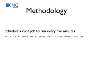Methodology
Schedule a cron job to run every ﬁve minutes
*/5 * * 8 * /root/iomelt/iomelt -dor >> /root/iomelt.out 2>&1
 