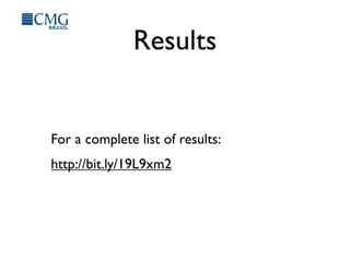 Results
For a complete list of results:
http://bit.ly/19L9xm2
 