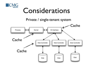 Considerations
Private / single-tenant system
Process
Disk
Kernel IO Interface
Disk Controller Disk Controller Disk Controller
DiskDisk
Cache
Cache
Cache
 