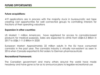 FUTURE OPPORTUNITIES
Future acquisitions:
419 applications are in process with the majority stuck in bureaucratic red tape
creating vast opportunities for well connected groups to controlling interests for
fractions of their operating valuations
Expansion in other countries:
US Market: 1 million Americans have registered for access to cannabis-based
products for medical purposes. Sales are expected to climb from US$4-5.5 Billion in
2017 to US$6.1-11.0 Billion in 2020
European Market: Approximately 22 million adults in the EU have consumed
cannabis in the past year. The cannabis industry is virtually non-existent as seen in
2016 when Canada exported its first orders to German pharmaceuticals
Recreational Framework:
The Canadian government and many others around the world have made
headway and have gone so far as to announce plans to legalize recreational use
 