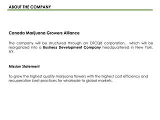 ABOUT THE COMPANY
Canada Marijuana Growers Alliance
The company will be structured through an OTCQB corporation, which will be
reorganized into a Business Development Company headquartered in New York,
NY.
Mission Statement
To grow the highest quality marijuana flowers with the highest cost efficiency and
recuperation best-practices for wholesale to global markets.
 