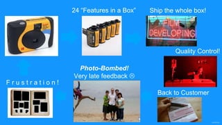 confidential
24 “Features in a Box” Ship the whole box!
Photo-Bombed!
Very late feedback 
F r u s t r a t i o n !
Quality Control!
Back to Customer
 