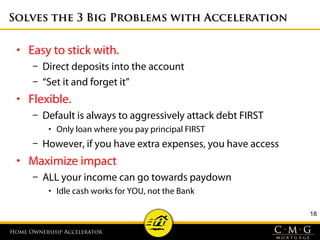 Home Ownership AcceleratorHome Ownership Accelerator
Solves the 3 Big Problems with AccelerationSolves the 3 Big Problems with Acceleration
• Easy to stick with.
– Direct deposits into the account
– “Set it and forget it”
• Flexible.
– Default is always to aggressively attack debt FIRST
• Only loan where you pay principal FIRST
– However, if you have extra expenses, you have access
• Maximize impact
– ALL your income can go towards paydown
• Idle cash works for YOU, not the Bank
18
 