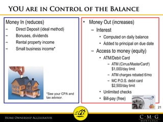 Home Ownership Accelerator
21
YOU are in Control of the BalanceYOU are in Control of the Balance
Money In (reduces)
– Direct Deposit (ideal method)
– Bonuses, dividends
– Rental property income
– Small business income*
• Money Out (increases)
– Interest
• Computed on daily balance
• Added to principal on due date
– Access to money (equity)
• ATM/Debit Card
– ATM (Cirrus/MasterCard®
)
$1,000/day limit
– ATM charges rebated 6/mo
– MC P.O.S. debit card
$2,500/day limit
• Unlimited checks
• Bill-pay (free)
*See your CPA and
tax advisor.
 
