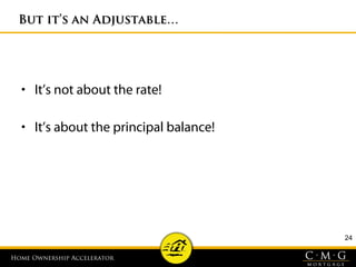 Home Ownership AcceleratorHome Ownership Accelerator
24
But it’s an Adjustable…But it’s an Adjustable…
• It’s not about the rate!
• It’s about the principal balance!
 