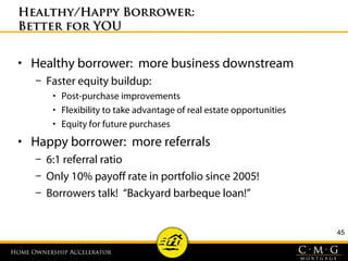 Home Ownership AcceleratorHome Ownership Accelerator
Healthy/Happy Borrower:Healthy/Happy Borrower:
Better for YOUBetter for YOU
• Healthy borrower: more business downstream
– Faster equity buildup:
• Post-purchase improvements
• Flexibility to take advantage of real estate opportunities
• Equity for future purchases
• Happy borrower: more referrals
– 6:1 referral ratio
– Only 10% payoff rate in portfolio since 2005!
– Borrowers talk! “Backyard barbeque loan!”
45
 