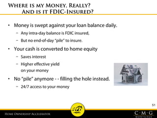 Home Ownership AcceleratorHome Ownership Accelerator
51
Where is my Money, Really?Where is my Money, Really?
And is it FDIC-Insured?And is it FDIC-Insured?
• Money is swept against your loan balance daily.
– Any intra-day balance is FDIC insured,
– But no end-of-day “pile” to insure.
• Your cash is converted to home equity
– Saves interest
– Higher effective yield
on your money
• No “pile” anymore - - filling the hole instead.
– 24/7 access to your money
 