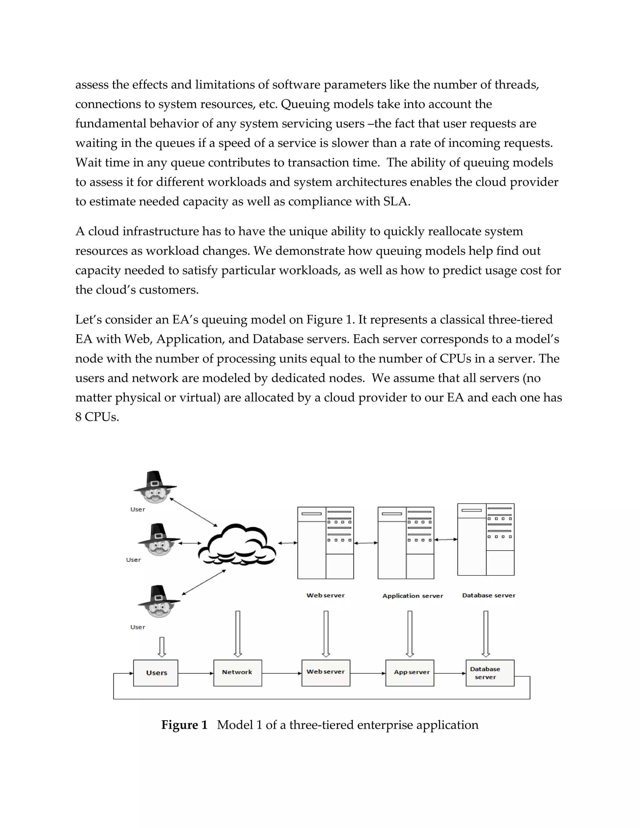 assess the effects and limitations of software parameters like the number of threads,
connections to system resources, etc. Queuing models take into account the
fundamental behavior of any system servicing users –the fact that user requests are
waiting in the queues if a speed of a service is slower than a rate of incoming requests.
Wait time in any queue contributes to transaction time. The ability of queuing models
to assess it for different workloads and system architectures enables the cloud provider
to estimate needed capacity as well as compliance with SLA.

A cloud infrastructure has to have the unique ability to quickly reallocate system
resources as workload changes. We demonstrate how queuing models help find out
capacity needed to satisfy particular workloads, as well as how to predict usage cost for
the cloud’s customers.

Let’s consider an EA’s queuing model on Figure 1. It represents a classical three-tiered
EA with Web, Application, and Database servers. Each server corresponds to a model’s
node with the number of processing units equal to the number of CPUs in a server. The
users and network are modeled by dedicated nodes. We assume that all servers (no
matter physical or virtual) are allocated by a cloud provider to our EA and each one has
8 CPUs.




                Figure 1 Model 1 of a three-tiered enterprise application
 