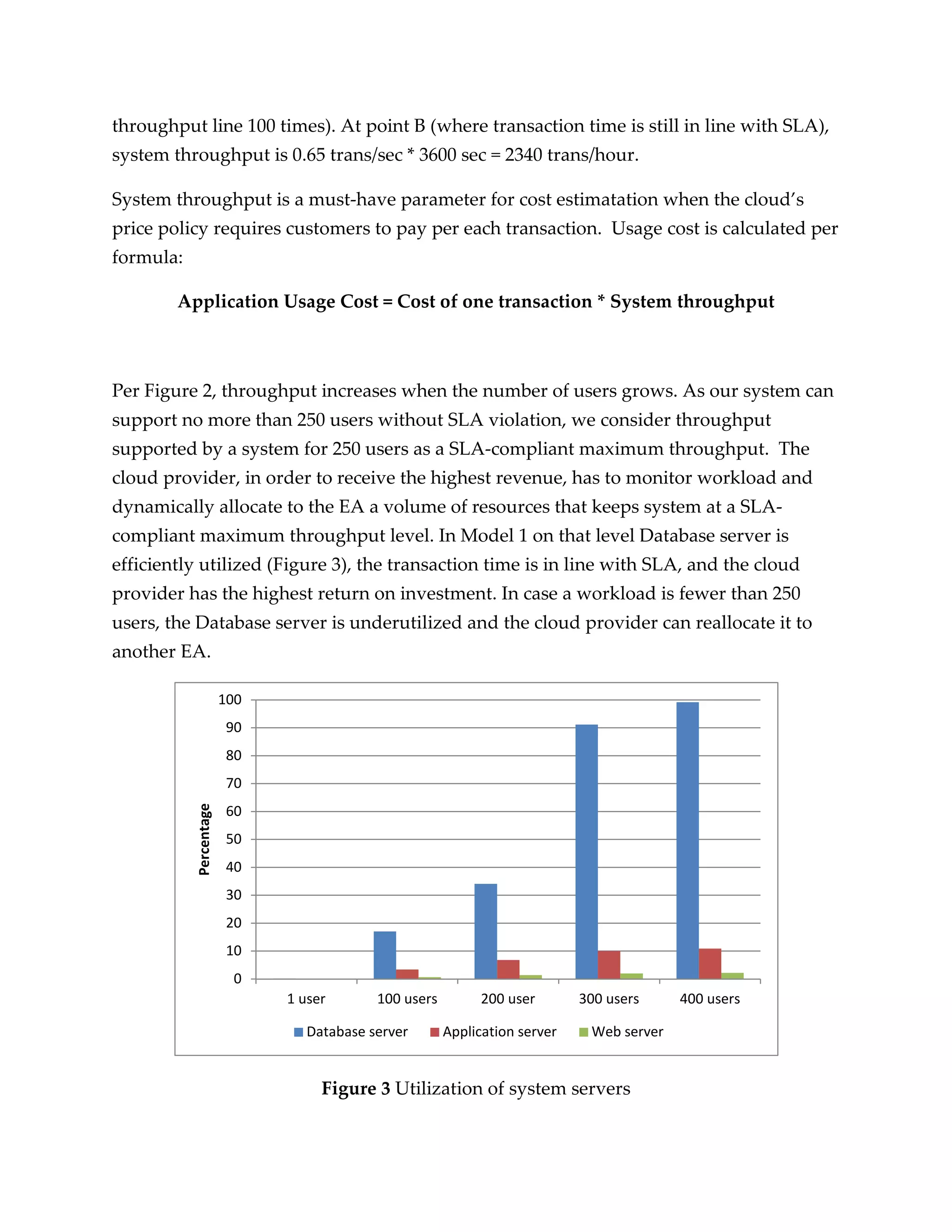 throughput line 100 times). At point B (where transaction time is still in line with SLA),
system throughput is 0.65 trans/sec * 3600 sec = 2340 trans/hour.

System throughput is a must-have parameter for cost estimatation when the cloud’s
price policy requires customers to pay per each transaction. Usage cost is calculated per
formula:

        Application Usage Cost = Cost of one transaction * System throughput



Per Figure 2, throughput increases when the number of users grows. As our system can
support no more than 250 users without SLA violation, we consider throughput
supported by a system for 250 users as a SLA-compliant maximum throughput. The
cloud provider, in order to receive the highest revenue, has to monitor workload and
dynamically allocate to the EA a volume of resources that keeps system at a SLA-
compliant maximum throughput level. In Model 1 on that level Database server is
efficiently utilized (Figure 3), the transaction time is in line with SLA, and the cloud
provider has the highest return on investment. In case a workload is fewer than 250
users, the Database server is underutilized and the cloud provider can reallocate it to
another EA.

                        100
                        90
                        80
                        70
           Percentage




                        60
                        50
                        40
                        30
                        20
                        10
                         0
                              1 user       100 users         200 user       300 users     400 users

                                 Database server       Application server    Web server


                                   Figure 3 Utilization of system servers
 