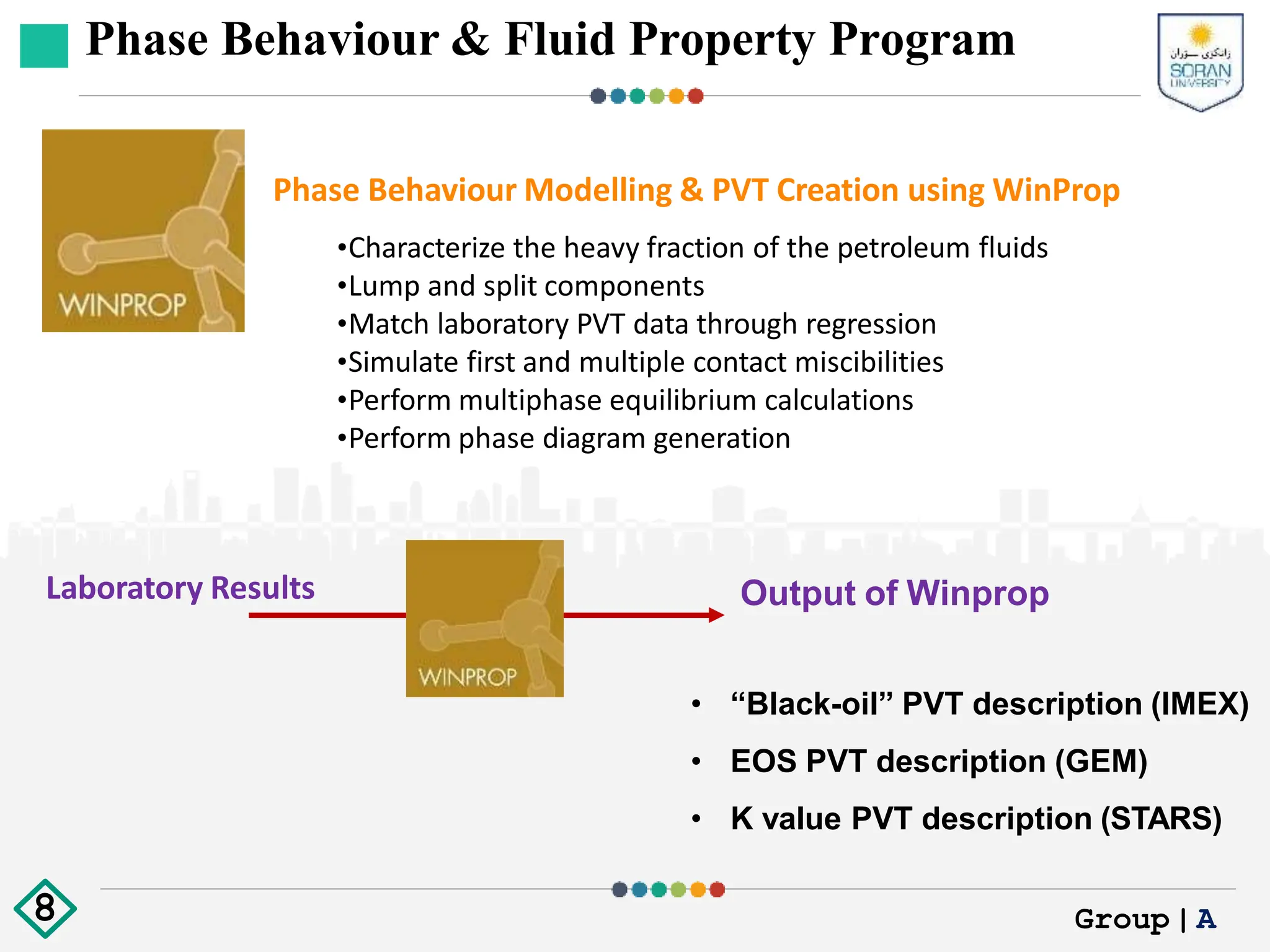 Phase Behaviour & Fluid Property Program
Phase Behaviour Modelling & PVT Creation using WinProp
•Characterize the heavy fraction of the petroleum fluids
•Lump and split components
•Match laboratory PVT data through regression
•Simulate first and multiple contact miscibilities
•Perform multiphase equilibrium calculations
•Perform phase diagram generation
Laboratory Results Output of Winprop
• “Black-oil” PVT description (IMEX)
• EOS PVT description (GEM)
• K value PVT description (STARS)
Group|A
8
 