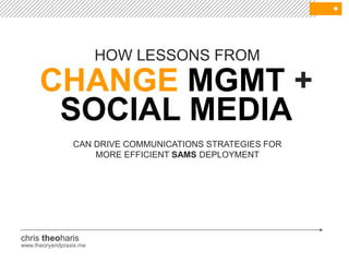 +




                         HOW LESSONS FROM
      CHANGE MGMT +
       SOCIAL MEDIA
                 CAN DRIVE COMMUNICATIONS STRATEGIES FOR
                     MORE EFFICIENT SAMS DEPLOYMENT




chris theoharis
www.theoryandpraxis.me
 