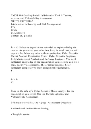 CMGT 400 Grading Rubric Individual – Week 1 Threats,
Attacks, and Vulnerability Assessment
MEETS CRITERIA?
Introduction to Security and Risk Management
PTs
Grade
COMMENTS
Content (53 points)
Part A: Select an organization you wish to explore during the
course. As you make your selection, keep in mind that you will
explore the following roles in the organization: Cyber Security
Threat Analyst, Penetration Tester, Cyber Security Engineer,
Risk Management Analyst, and Software Engineer. You need
sufficient knowledge of the organization you select to complete
these security assignments. The organization must be of
sufficient complexity to meet assignment requirements.
8
Part B:
45
Take on the role of a Cyber Security Threat Analyst for the
organization you select. Use the Threats, Attacks, and
Vulnerability Assessment
Template to create a 3- to 4-page Assessment Document.
Research and include the following:
• Tangible assets:
 