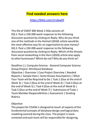 Find needed answers here 
https://bitly.com/1rubwhf 
This file of CMGT 400 Week 2 DQs consists of: 
DQ 1: Post a 150-200-word response to the following 
discussion question by clicking on Reply. Why do you think 
one of the methods in the Heimerl (2010) article would be 
the most effective way for an organization to save money? 
DQ 2: Post a 150-200-word response to the following 
discussion question by clicking on Reply. Which of the threats 
from social networking in the Horn (2010) article also apply 
to other businesses? Which do not? Why do you think so? 
Deadline: ( ), Computer Science - General Computer Science 
Group Project: MiniQuest Database 
Objective | Overview | Case Project Overview | Needed 
Reports | Sample Data | Some Known Assumptions | What 
Your Team will be Required to Do | Task 1 (Due at the end of 
Week 3) | Task 2 (Due at the end of Week 4) | Task 3 (Due at 
the end of Week 5) | Task 4 (Due at the end of Week 6) | 
Task 5 (Due at the end of Week 7) | Submission of Tasks | 
Team Member Responsibilities | Assessment | Grading 
Rubrics 
Objective 
The project for CIS336 is designed to touch all aspects of the 
fundamental concepts of database design and logical data 
modeling covered during the class. The project is team 
centered and each team will be responsible for designing, 
 