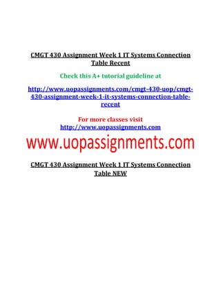 CMGT 430 Assignment Week 1 IT Systems Connection
Table Recent
Check this A+ tutorial guideline at
http://www.uopassignments.com/cmgt-430-uop/cmgt-
430-assignment-week-1-it-systems-connection-table-
recent
For more classes visit
http://www.uopassignments.com
CMGT 430 Assignment Week 1 IT Systems Connection
Table NEW
 