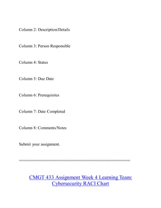 Column 2: Description/Details
Column 3: Person Responsible
Column 4: Status
Column 5: Due Date
Column 6: Prerequisites
Column 7: Date Completed
Column 8: Comments/Notes
Submit your assignment.
===============================================
CMGT 433 Assignment Week 4 Learning Team:
Cybersecurity RACI Chart
 