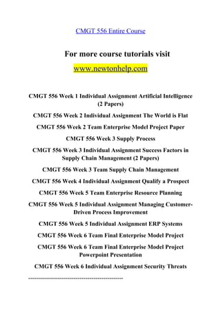 CMGT 556 Entire Course
For more course tutorials visit
www.newtonhelp.com
CMGT 556 Week 1 Individual Assignment Artificial Intelligence
(2 Papers)
CMGT 556 Week 2 Individual Assignment The World is Flat
CMGT 556 Week 2 Team Enterprise Model Project Paper
CMGT 556 Week 3 Supply Process
CMGT 556 Week 3 Individual Assignment Success Factors in
Supply Chain Management (2 Papers)
CMGT 556 Week 3 Team Supply Chain Management
CMGT 556 Week 4 Individual Assignment Qualify a Prospect
CMGT 556 Week 5 Team Enterprise Resource Planning
CMGT 556 Week 5 Individual Assignment Managing Customer-
Driven Process Improvement
CMGT 556 Week 5 Individual Assignment ERP Systems
CMGT 556 Week 6 Team Final Enterprise Model Project
CMGT 556 Week 6 Team Final Enterprise Model Project
Powerpoint Presentation
CMGT 556 Week 6 Individual Assignment Security Threats
------------------------------------------------
 