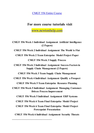 CMGT 556 Entire Course
For more course tutorials visit
www.newtonhelp.com
CMGT 556 Week 1 Individual Assignment Artificial Intelligence
(2 Papers)
CMGT 556 Week 2 Individual Assignment The World is Flat
CMGT 556 Week 2 Team Enterprise Model Project Paper
CMGT 556 Week 3 Supply Process
CMGT 556 Week 3 Individual Assignment Success Factors in
Supply Chain Management (2 Papers)
CMGT 556 Week 3 Team Supply Chain Management
CMGT 556 Week 4 Individual Assignment Qualify a Prospect
CMGT 556 Week 5 Team Enterprise Resource Planning
CMGT 556 Week 5 Individual Assignment Managing Customer-
Driven Process Improvement
CMGT 556 Week 5 Individual Assignment ERP Systems
CMGT 556 Week 6 Team Final Enterprise Model Project
CMGT 556 Week 6 Team Final Enterprise Model Project
Powerpoint Presentation
CMGT 556 Week 6 Individual Assignment Security Threats
------------------------------------------------
 