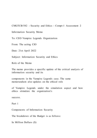 CMGTCB/582 - Security and Ethics - Compt-1 Assessment 2
Information Security Memo
To: CEO Vampire Legends Organization
From: The acting CIO
Date: 21st April 2022
Subject: Information Security and Ethics
Role of the Memo
The memo provides a specific update of the critical analysis of
information security and its
components in the Vampire Legends case. The same
memorandum also updates on the ethical role
of Vampire Legends under the simulation aspect and how
ethics stimulate the organization's
success.
Part 1
Components of Information Security
The breakdown of the Budget is as follows:
In Million Dollars ($)
 