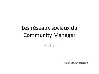 Les réseaux sociaux du
Community Manager
Part 2
Nadia MADZHAROVA
 