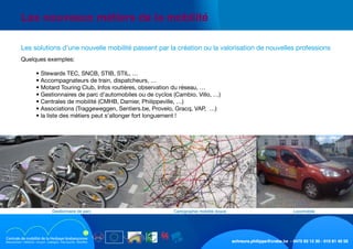 schreurs.philippe@crabe.be - 0475 93 12 30 - 010 81 40 50
	 Les nouveaux métiers de la mobilité
	 Quelques exemples:
	 	 • Stewards TEC, SNCB, STIB, STIL, …
	 	 • Accompagnateurs de train, dispatcheurs, …
	 	 • Motard Touring Club, Infos routières, observation du réseau, …
	 	 • Gestionnaires de parc d’automobiles ou de cyclos (Cambio, Villo, …)
	 	 • Centrales de mobilité (CMHB, Damier, Philippeville, …)
	 	 • Associations (Traggeweggen, Sentiers.be, Provelo, Gracq, VAP,  …)
	 	 • la liste des métiers peut s’allonger fort longuement !
	 Les solutions d’une nouvelle mobilité passent par la création ou la valorisation de nouvelles professions
LocomobileCartographie mobilité douceGestionnaire de parc
 
