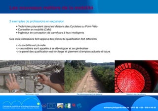 schreurs.philippe@crabe.be - 0475 93 12 30 - 010 81 40 50
	 Les nouveaux métiers de la mobilité
	 	 • Technicien polyvalent dans les Maisons des Cyclistes ou Point-Vélo
	 	 • Conseiller en mobilité (CeM)
	 	 • Ingénieur en conception de carrefours à feux intelligents
	 Ces trois professions font appel à des profils de qualification fort différents
	 	
	 	 -> la mobilité est plurielle
	 	 -> ces métiers sont appelés à se développer et se généraliser
	 	 -> le panel des qualification est fort large et gisement d’emplois actuels et futurs
	 3 exemples de professions en expansion
Gestion des carrefoursRe-développement de liaisonsTechnicien cyclo
 