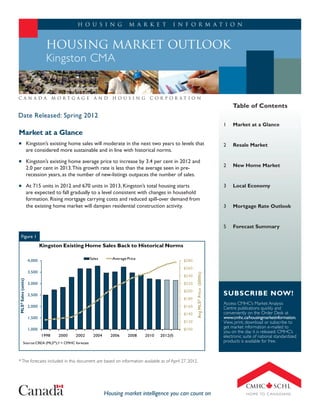 H o u s i n g               M a r k e t         I n f o r m a t i o n



                               Housing Market Outlook
                               Kingston CMA


Canada                              Mortgage          and      Housing           Corporation
                                                                                                                                     Table of Contents
Date Released: Spring 2012
                                                                                                                                1	   Market at a Glance
Market at a Glance
„„ Kingston’s                  existing home sales will moderate in the next two years to levels that                           2	   Resale Market
                     are considered more sustainable and in line with historical norms.
„„ Kingston’s                   existing home average price to increase by 3.4 per cent in 2012 and
                     2.0 per cent in 2013. This growth rate is less than the average seen in pre-                               2	   New Home Market
                     recession years, as the number of new-listings outpaces the number of sales.
„„ At                   715 units in 2012 and 670 units in 2013, Kingston’s total housing starts                                3	   Local Economy
                     are expected to fall gradually to a level consistent with changes in household
                     formation. Rising mortgage carrying costs and reduced spill-over demand from
                     the existing home market will dampen residential construction activity.                                    3	   Mortgage Rate Outlook


                                                                                                                                5	   Forecast Summary
     Figure 1
                             Kingston Existing Home Sales Back to Historical Norms

                                                    Sales      Average Price
                     4,000                                                                      $280
                                                                                                $260
                     3,500
                                                                                                       Avg MLS® Price ($000s)




                                                                                                $240
MLS® Sales (units)




                     3,000                                                                      $220
                                                                                                $200
                     2,500                                                                                                      Subscribe Now!
                                                                                                $180
                                                                                                                                Access CMHC’s Market Analysis
                     2,000                                                                      $160                            Centre publications quickly and
                                                                                                $140                            conveniently on the Order Desk at
                     1,500                                                                                                      www.cmhc.ca/housingmarketinformation.
                                                                                                $120                            View, print, download or subscribe to
                     1,000                                                                      $100
                                                                                                                                get market information e-mailed to
                                                                                                                                you on the day it is released. CMHC’s
                             1998    2000   2002     2004     2006     2008    2010   2012(f)                                   electronic suite of national standardized
           Source: CREA (MLS®); f = CMHC forecast                                                                               products is available for free.



* The forecasts included in this document are based on information available as of April 27, 2012.




                                                            Housing market intelligence you can count on
 