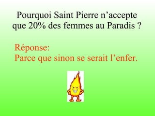 Pourquoi Saint Pierre n’accepte que 20% des femmes au Paradis ? Réponse:  Parce que sinon se serait l’enfer. 