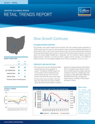 Q3 2011 | RETAIL




  GREATER COLUMBUS REGION

RETAIL TRENDS REPORT




                                                                          Slow Growth Continues
                                                                          COLUMBUS REGION OVERVIEW
                                                                          The Columbus retail market finished the third quarter 2011 with moderate positive absorption of
                                                                          118,454 square feet. This marks the sixth consecutive quarter of positive absorption beginning in the
                                                                          second quarter 2010. It hasn’t been smooth sailing as news that consumer demand and confidence
                                                                          remains generally stagnant over the past six months. Economic data released recently such as jobs
                                                                          report, the economy added 103,000 jobs in September, and The Conference Board’s analysis of
                                                                          leading economic indicators at .03 percent growth suggests that the economy is not headed for
 MARKET INDICATORS                                                        another recession. This will hopefully engender more consumer confidence. Continued on page 2
                                                    Q3             Q4

                                                    2011          2011*
                                                                          FORECASTS AND REFLECTIONS
                             VACANCY                                      •   The retail vacancy rate has steadily decreased                             between the Campus Gateway and the Short
                                                                              through leasing as well as expansion of                                    North. The 44,000 square foot Rave Theatre
                NET ABSORPTION                                                product. The additional 340,000 square feet                                and the 55,000 square foot Hobby Lobby was
                    CONSTRUCTION                                   —          of new product and the moderately strong                                   completed in Grove City. 40,000 square feet
                                                                              positive leasing this year in first and third                              are going up at New Market Mall, 7588-7674
                        RENTAL RATES                —                         quarters have driven the vacancy rates lower.                              New Market Center Way, and Earth Fare
                                                                          •   In construction news, the Kroger in the Short                              organic grocery is building a 27,000-square-
                    *Projected change to following quarter
                                                                              North was rebuilt and now stands at 59,302                                 foot space in Polaris.
                                                                              square feet and anchors the block of transition


                                                                                                                                                                                             RENTAL RATES
 STEADILY UPWARD                                                          VACANCY RATE OVER COMPLETIONS AND ABSORPTIONS
 Asking Rates
                                                                                                                                                                                             The average asking
                                                                                                            1,200,000                                                 13.5%                  rental rates decreased in
               $16.00                                                                                                                                                                        strip, neighborhood, and
                                                                              Completions and Absorptions




                                                                                                            1,000,000
                                                                                                                                                                      13.0%                  community.           The
                                                                                                              800,000
               $14.00                                                                                         600,000                                                 12.5%                  softening of prices this
                                                                                                                                                                              Vacancy Rate




                                                                                                                                                                                             quarter was a fairly
Rental Rates




                                                                                                              400,000                                                 12.0%
                                                                                                              200,000                                                                        significant drop in the
               $12.00
                                                                                                                    0                                                 11.5%                  average. One explanation
                                                                                                             ‐200,000                                                                        may be that asking rates
                                                                                                                                                                      11.0%
               $10.00
                                                                                                             ‐400,000                                                                        are better reflecting
                                                                                                             ‐600,000
                                                                                                                                                                      10.5%                  leasing rates or another
                $8.00                                                                                                                                                                        explanation may be that
                                                                                                             ‐800,000                                                 10.0%
                        1Q 2Q 3Q 4Q 1Q 2Q 3Q 4Q 1Q 2Q 3Q 4Q 1Q 2Q 3Q                                                                                                                         general demand for
                                                                                                                        2Q 3Q 4Q 1Q 2Q 3Q 4Q 1Q 2Q 3Q 4Q 1Q 2Q 3Q
                        08 08 08 08 09 09 09 09 10 10 10 10 11 11 11
                                                                                                                        08 08 08 09 09 09 09 10 10 10 10 11 11 11                            product is not as strong
                                                                                                                                                                                             as some of the larger
                             Strip   Neighborhood     Community
                                                                                                                        Completions     Absorption     Vacancy Rate                          leases would suggest.




  www.colliers.com/columbus
 