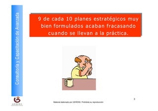 Consultoría y Capacitación de Avanzada   9 de cada 10 planes estratégicos muy
                                         9 de cada 10 planes estratégicos muy
                                          bien form u lla d o s a c a b a n ffrra c a s a n d o
                                          bien form u a d o s a c a b a n a c a s a n d o
                                             c u a n d o se llevan a la práctica.
                                             c u a n d o se llevan a la práctica.




                                                                                                            3
                                                 Material elaborado por GERENS. Prohibida su reproducción
 