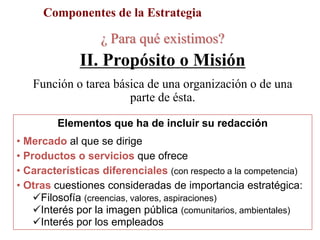 Componentes de la Estrategia
¿ Para qué existimos?
II. Propósito o Misión
Función o tarea básica de una organización o de una
parte de ésta.
Elementos que ha de incluir su redacción
• Mercado al que se dirige
• Productos o servicios que ofrece
• Características diferenciales (con respecto a la competencia)
• Otras cuestiones consideradas de importancia estratégica:
Filosofía (creencias, valores, aspiraciones)
Interés por la imagen pública (comunitarios, ambientales)
Interés por los empleados
 