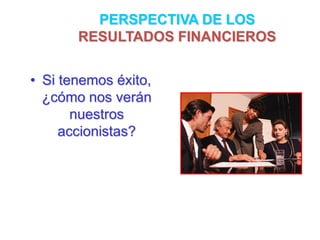 PERSPECTIVA DE LOS
RESULTADOS FINANCIEROS
• Si tenemos éxito,
¿cómo nos verán
nuestros
accionistas?
 
